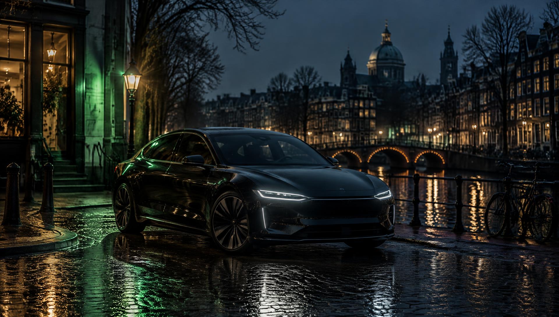 Zwarte elektrische auto 's avonds aan een Amsterdamse gracht